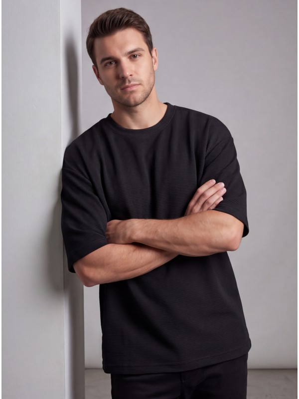 Life Style Butiken Ανδρική κοντομάνικη μπλούζα oversize ανάγλυφη υφή LS1M5771 Black