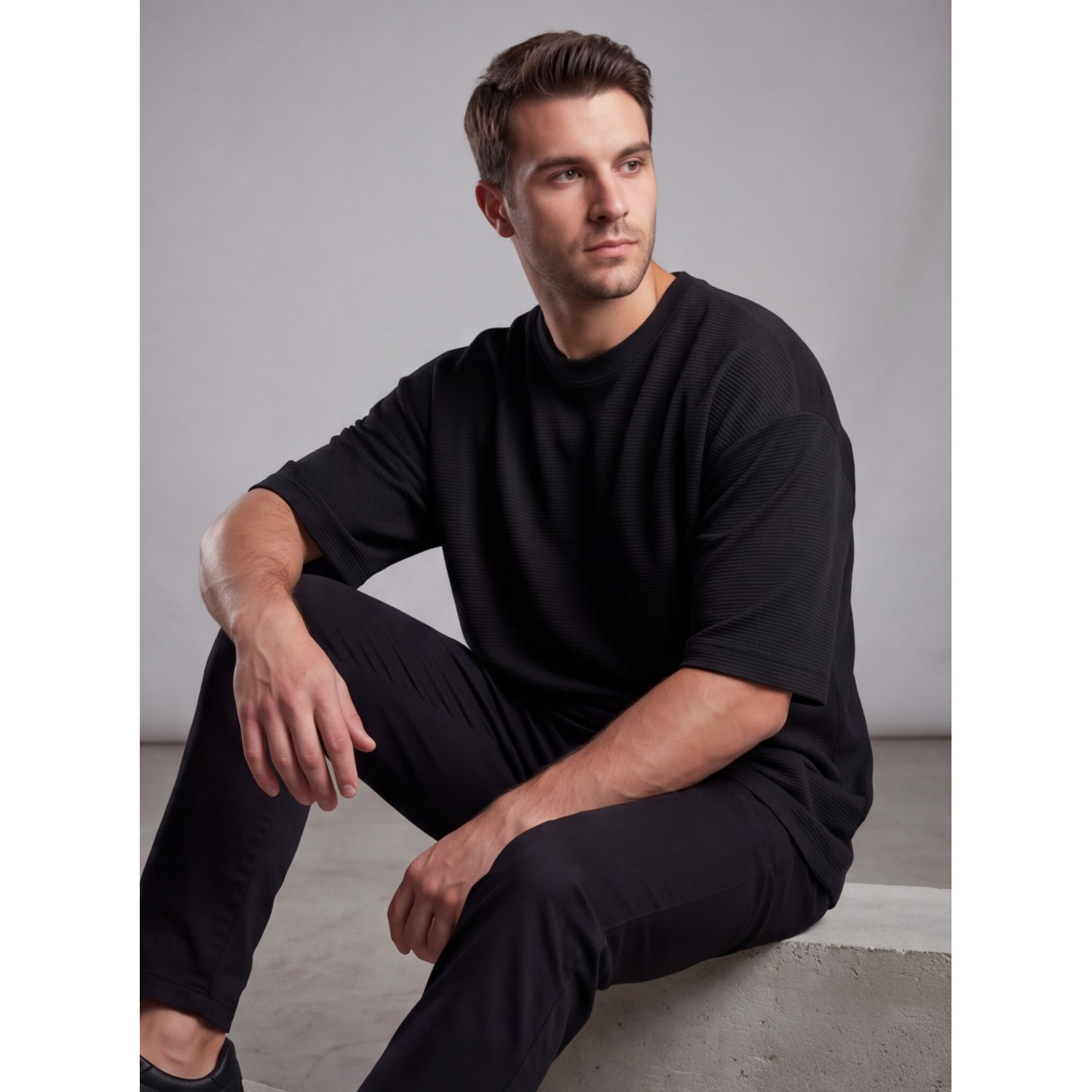 Life Style Butiken Ανδρική κοντομάνικη μπλούζα oversize ανάγλυφη υφή LS1M5771 Black