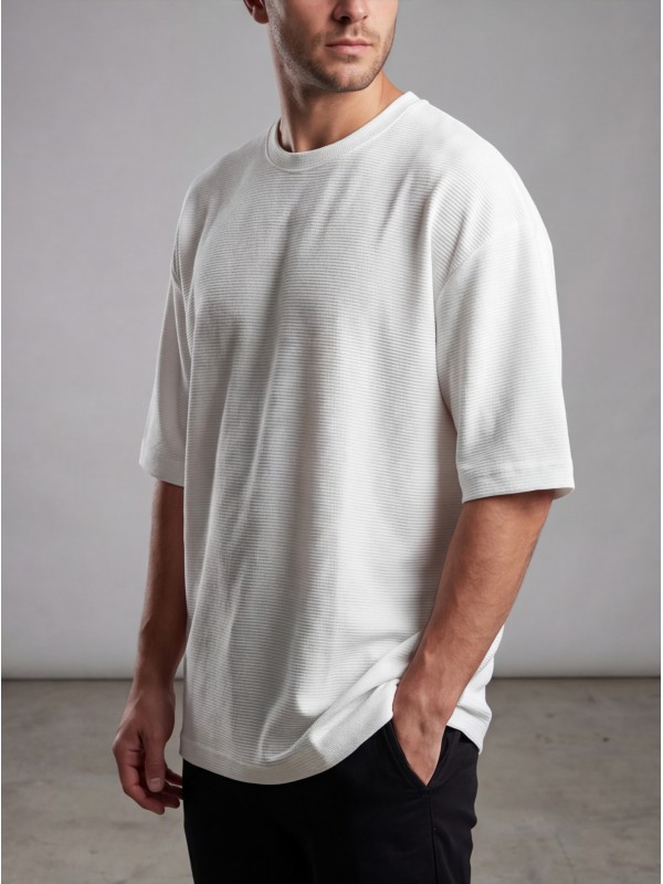 Life Style Butiken Ανδρική κοντομάνικη μπλούζα oversize ανάγλυφη υφή LS1M5771 Λευκό