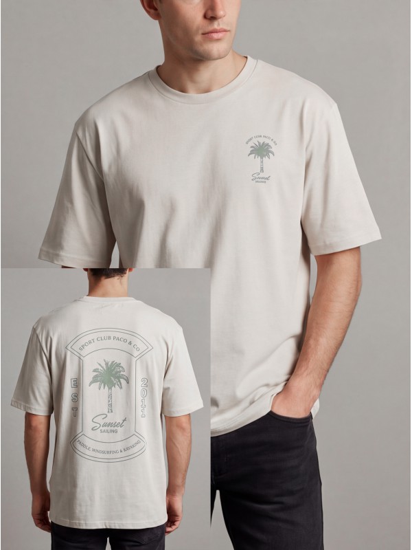 Life Style Butiken Ανδρική κοντομάνικη μπλούζα oversize με στάμπα στην πλάτη LS12631044 Γκρι