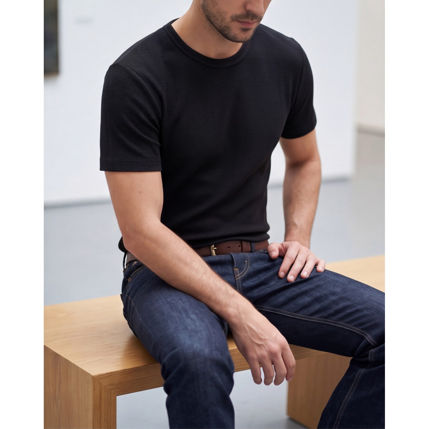Life Style Butiken Ανδρική κοντομάνικη μπλούζα waffle LS12631090 Black Ανδρικά