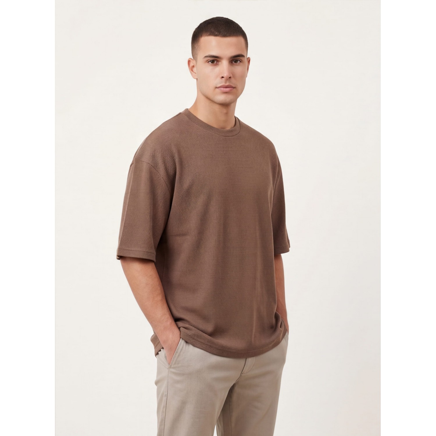  Life Style Butiken Ανδρική κοντομάνικη μπλούζα oversize ανάγλυφη υφή LS1M5771Καφέ