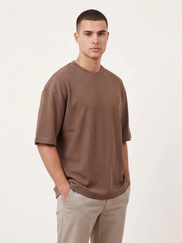 Life Style Butiken Ανδρική κοντομάνικη μπλούζα oversize ανάγλυφη υφή LS1M5771Καφέ