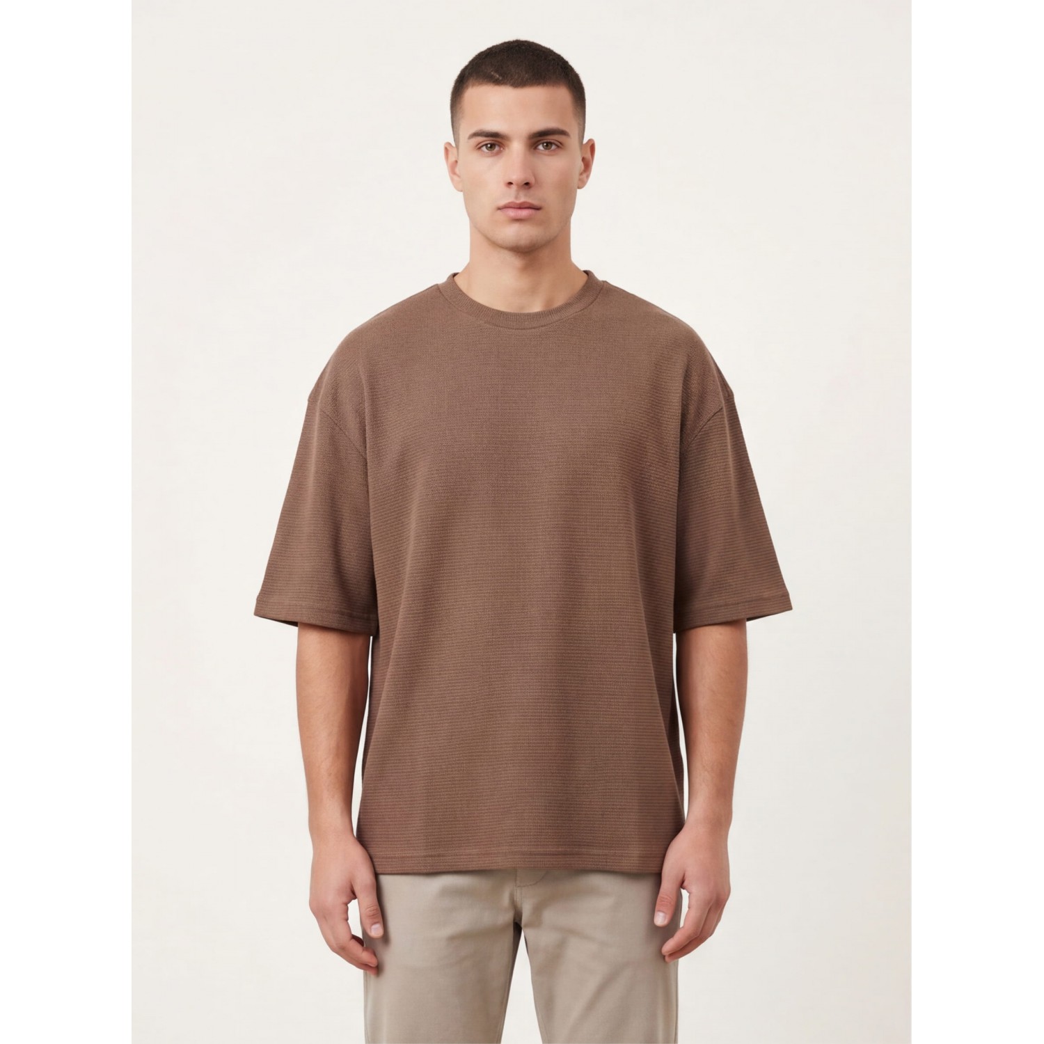  Life Style Butiken Ανδρική κοντομάνικη μπλούζα oversize ανάγλυφη υφή LS1M5771Καφέ