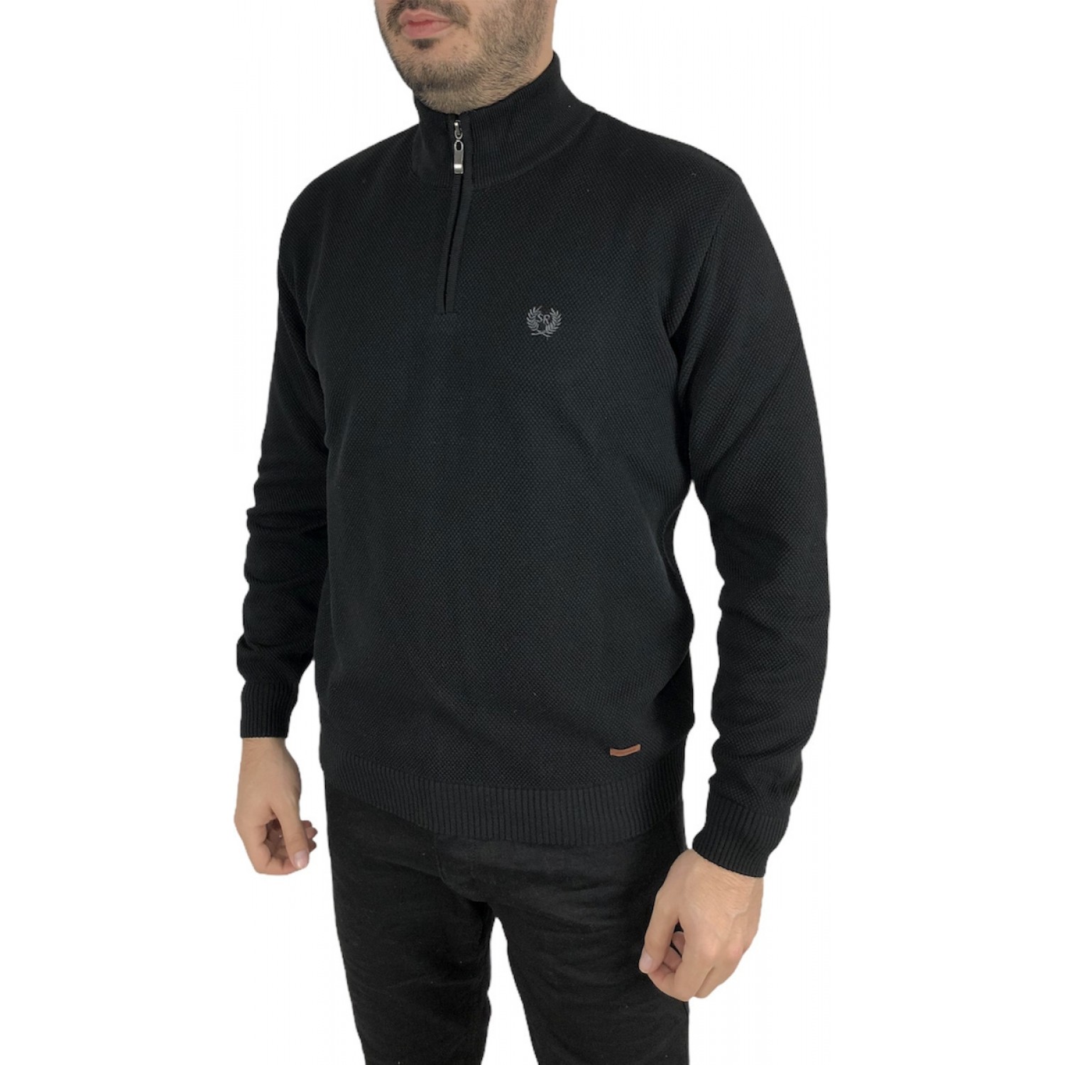 Life Style Butiken Ανδρική μακρυμανικη μπλούζα Πλεκτή με βαμβακερή Συνθεση και φερμουάρ στο λαιμό LS12054 ΜΑΥΡΟ