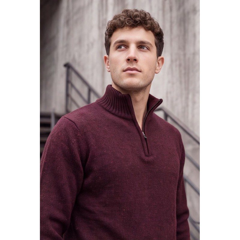 Life Style Butiken Ανδρικό Μάλλινο Πλεκτό Πουλόβερ Half-Zip Lambswool LS12683009 Μπορντό Μελανζέ Ανδρικά