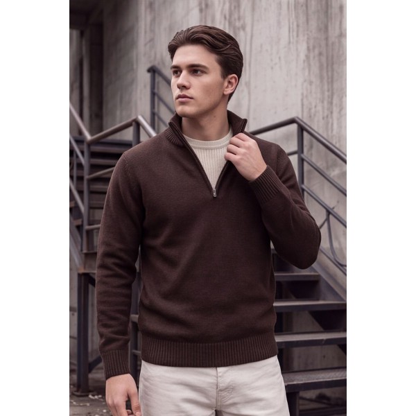 Life Style Butiken Ανδρικό Μάλλινο Πλεκτό Πουλόβερ Half-Zip Lambswool LS12683009 Καφέ Μελανζέ