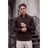 Life Style Butiken Ανδρικό Μάλλινο Πλεκτό Πουλόβερ Half-Zip Lambswool LS12683009 Καφέ Μελανζέ 2