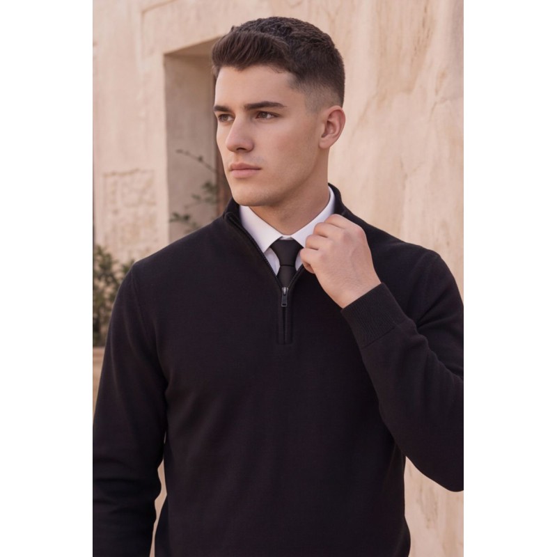 Life Style Butiken Ανδρικό Πλεκτό Half-Zip Πουλόβερ Βαμβακερό με Φερμουάρ LS12683024 Μαύρο
