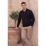 Life Style Butiken Ανδρικό Πλεκτό Half-Zip Πουλόβερ Βαμβακερό με Φερμουάρ LS12683024 Μαύρο 4