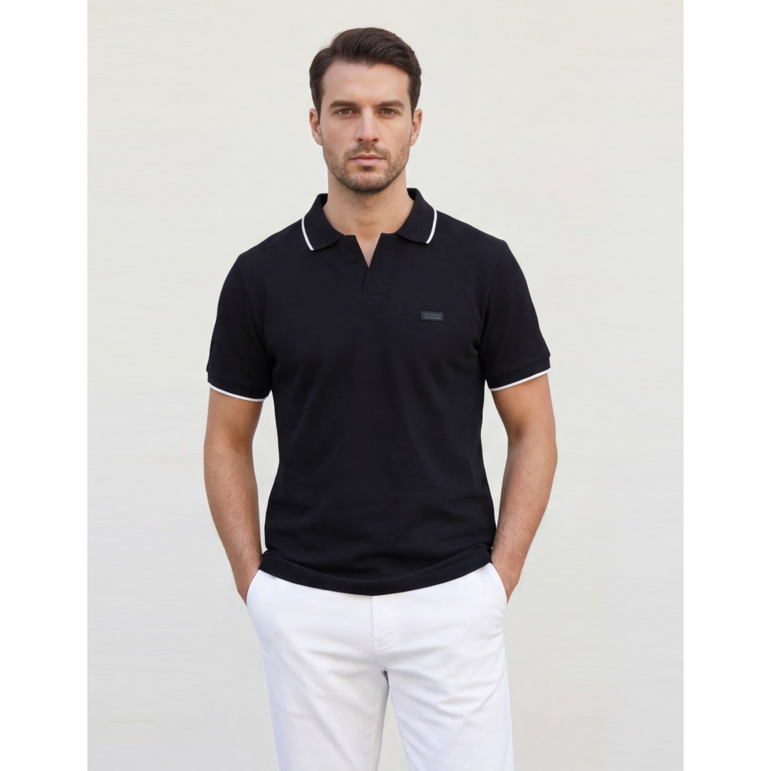 Life Style Butiken Ανδρική κοντομάνικη μπλούζα Polo με γιακά χωρίς κουμπιά LS12631080 Black