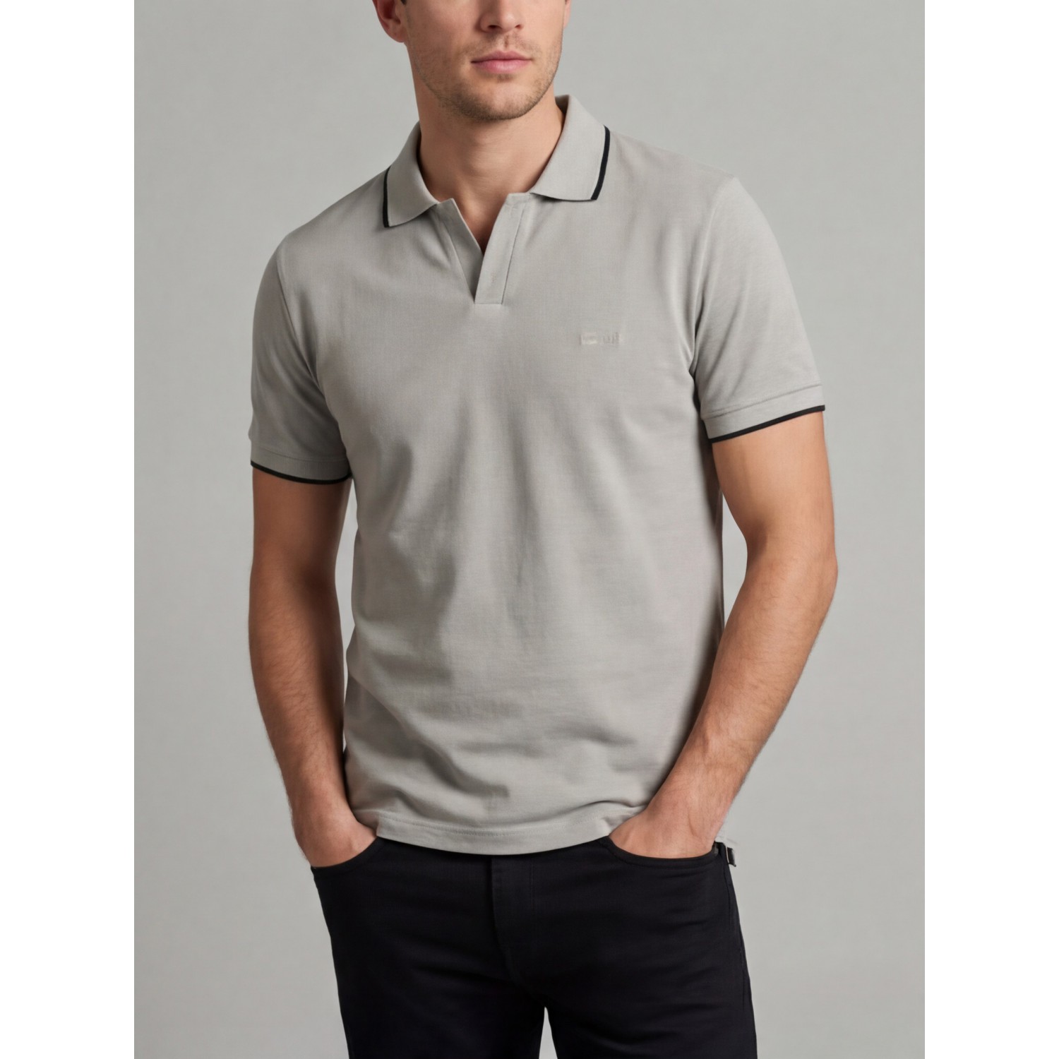 Life Style Butiken Ανδρική κοντομάνικη μπλούζα Polo με γιακά χωρίς κουμπιά LS12631080 Γκρι