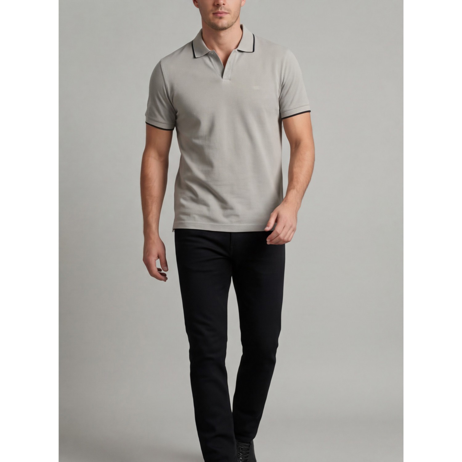 Life Style Butiken Ανδρική κοντομάνικη μπλούζα Polo με γιακά χωρίς κουμπιά LS12631080 Γκρι