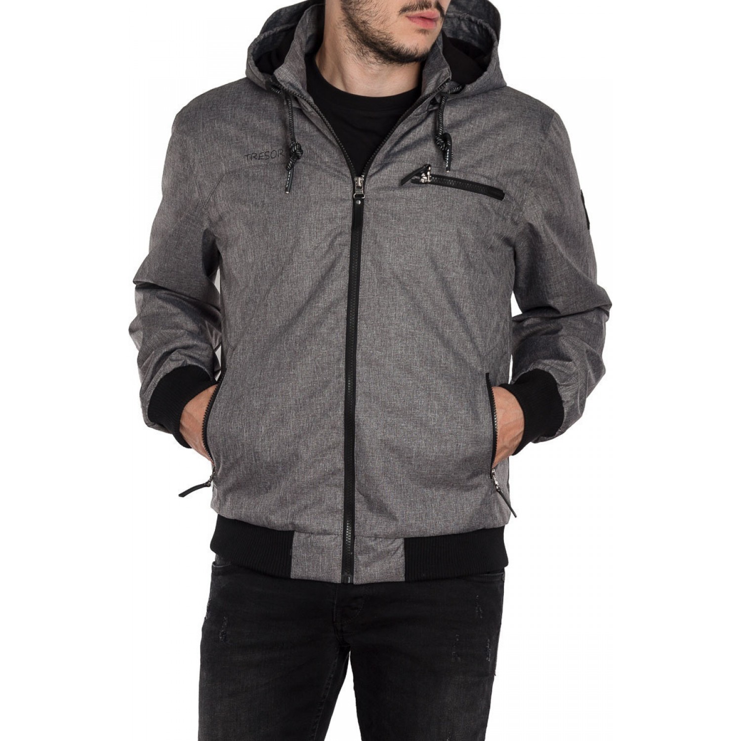 Ανδρικό bomber μπουφάν για χειμώνα με αποσπώμενη κουκούλα TRESOR LONDON γκρι (T-20)