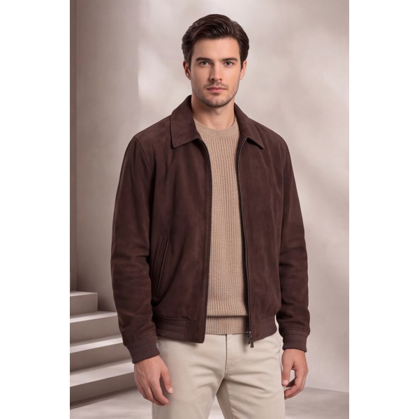 Life Style Butiken Ανδρικό Suede Μπουφάν Bomber με Γιακά LS12504D Καφέ Σκούρο (Slim Fit)