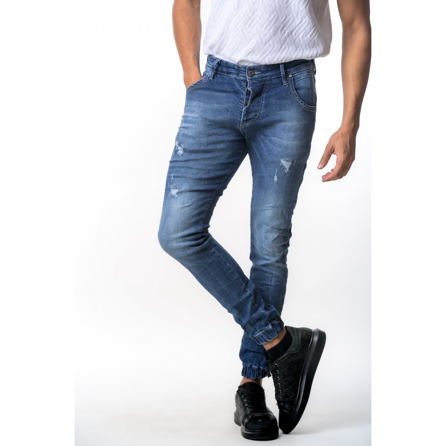 Life Style Butiken 680  Μπλε Ανδρικό Jean παντελόνι με λάστιχο στον αστράγαλο Κανονική Εφαρμογή