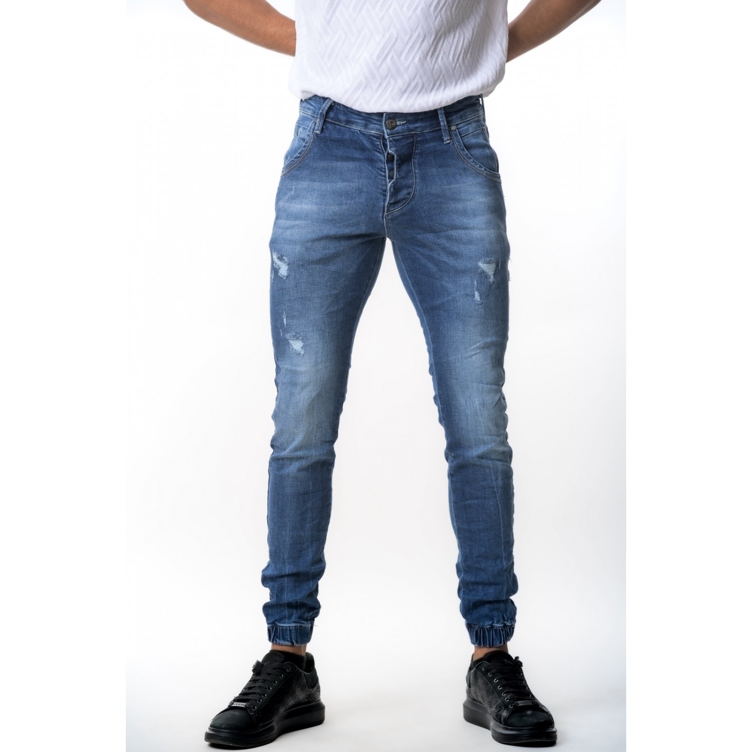 Life Style Butiken 680  Μπλε Ανδρικό Jean παντελόνι με λάστιχο στον αστράγαλο Κανονική Εφαρμογή