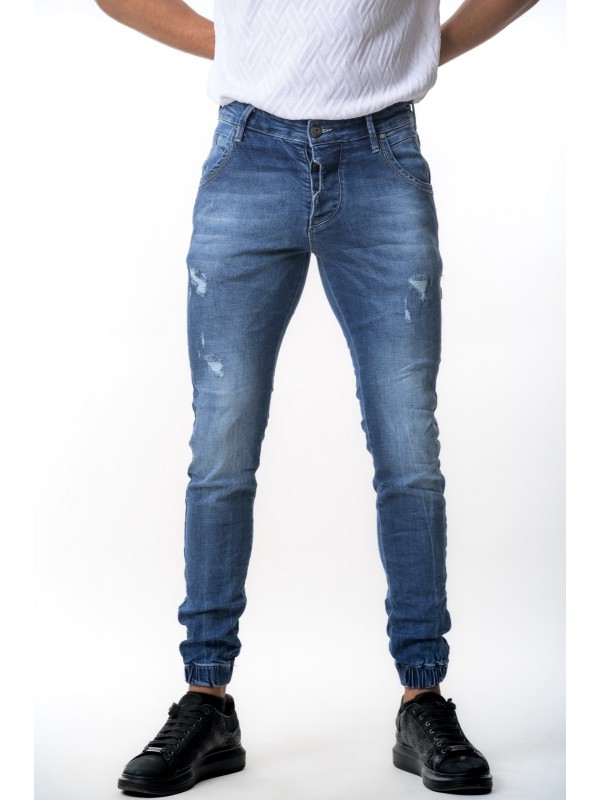 Life Style Butiken 680  Μπλε Ανδρικό Jean παντελόνι με λάστιχο στον αστράγαλο Κανονική Εφαρμογή
