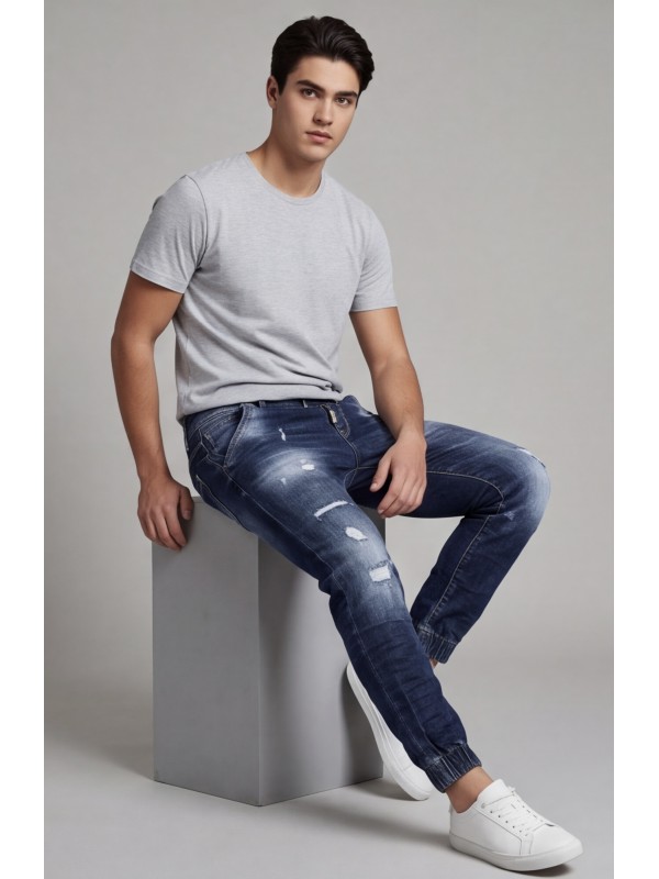 Life Style Butiken Ανδρικό Jogger Jean Με Λάστιχο Στον Αστράγαλο LS12037 Blue