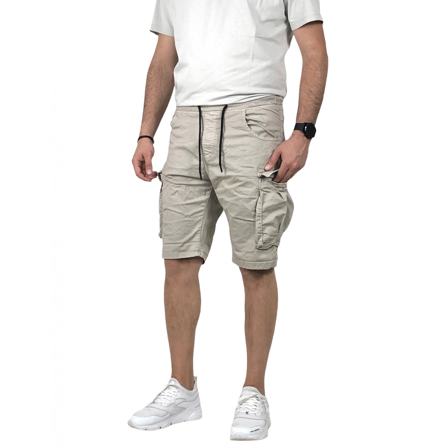 Ανδρική cargo βερμούδα κάτω από το γόνατο με λάστιχο στη μέση BACK2JEAN TS14 LIGHT GREY