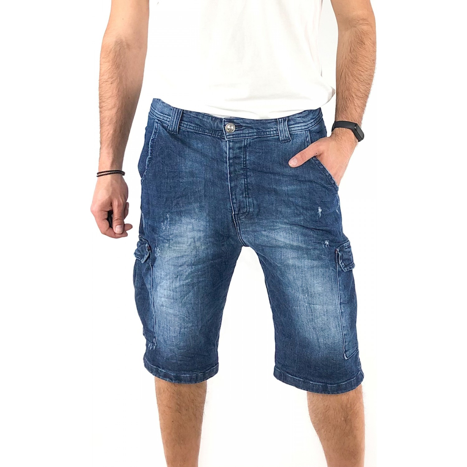 Ανδρική Jean ΒΕΡΜΟΥΔΑ ελαστική Με τσέπες στο πλάι cargo Back2jeans NB8A BLUE