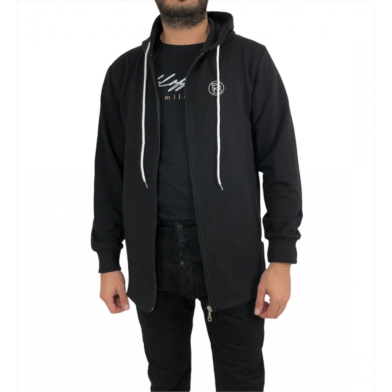 Life Style Butiken Ανδρική λεπτή ζακετα με κουκούλα και σχέδιο στην ραφή στο πλάι με φερμουάρ και κορδόνια LS1518 ΜΑΥΡΟ