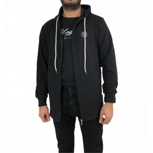 Life Style Butiken Ανδρική λεπτή ζακετα με κουκούλα και σχέδιο στην ραφή στο πλάι με φερμουάρ και κορδόνια LS1518 ΜΑΥΡΟ