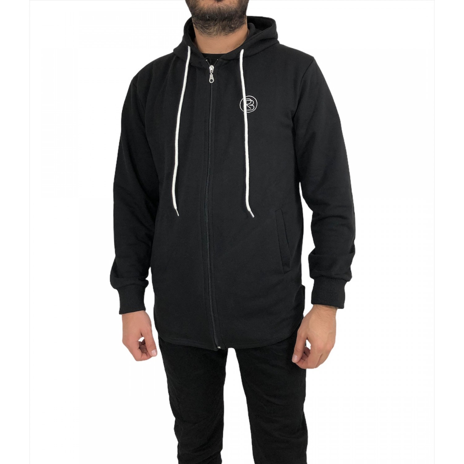 Life Style Butiken Ανδρική λεπτή ζακετα με κουκούλα και σχέδιο στην ραφή στο πλάι με φερμουάρ και κορδόνια LS1518 ΜΑΥΡΟ