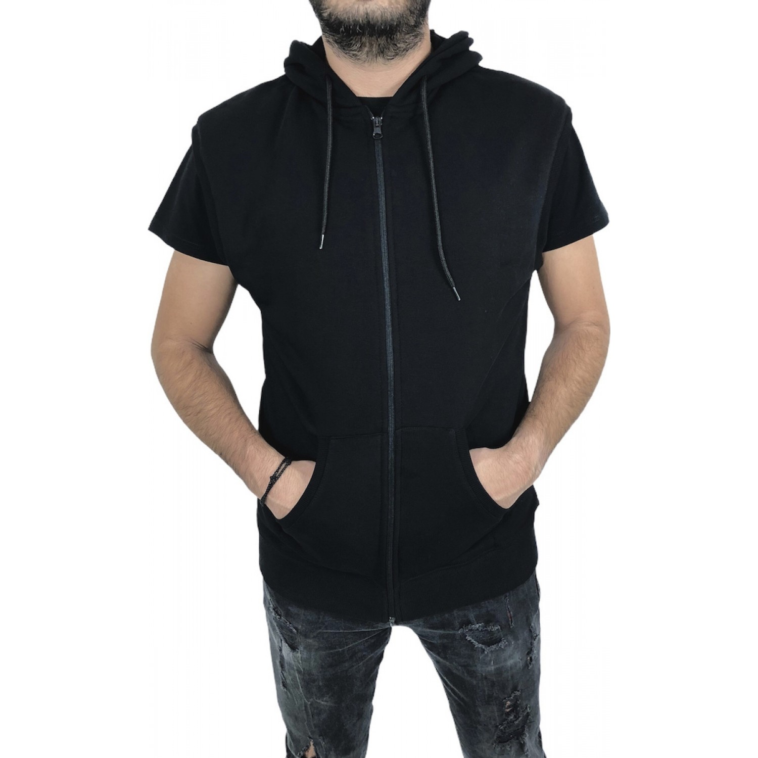 Ανδρική αμανικη ζακετα με φερμουάρ και κουκούλα και τύπωμα Μίκι στην πλάτη ATTITUDE 84074 ΜΑΥΡΟ