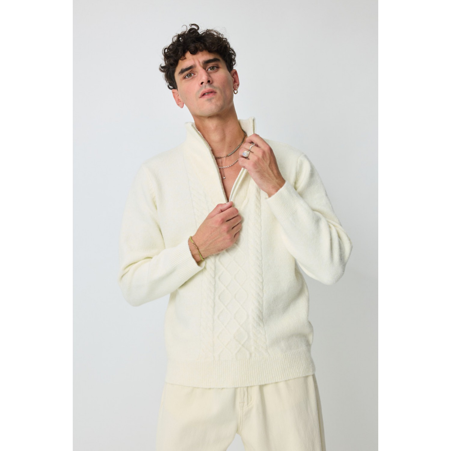 Life Style Butiken Ανδρική μακρυμανικη μπλούζα Πλεκτή με φερμουάρ στο λαιμό LS16509 Εκρού