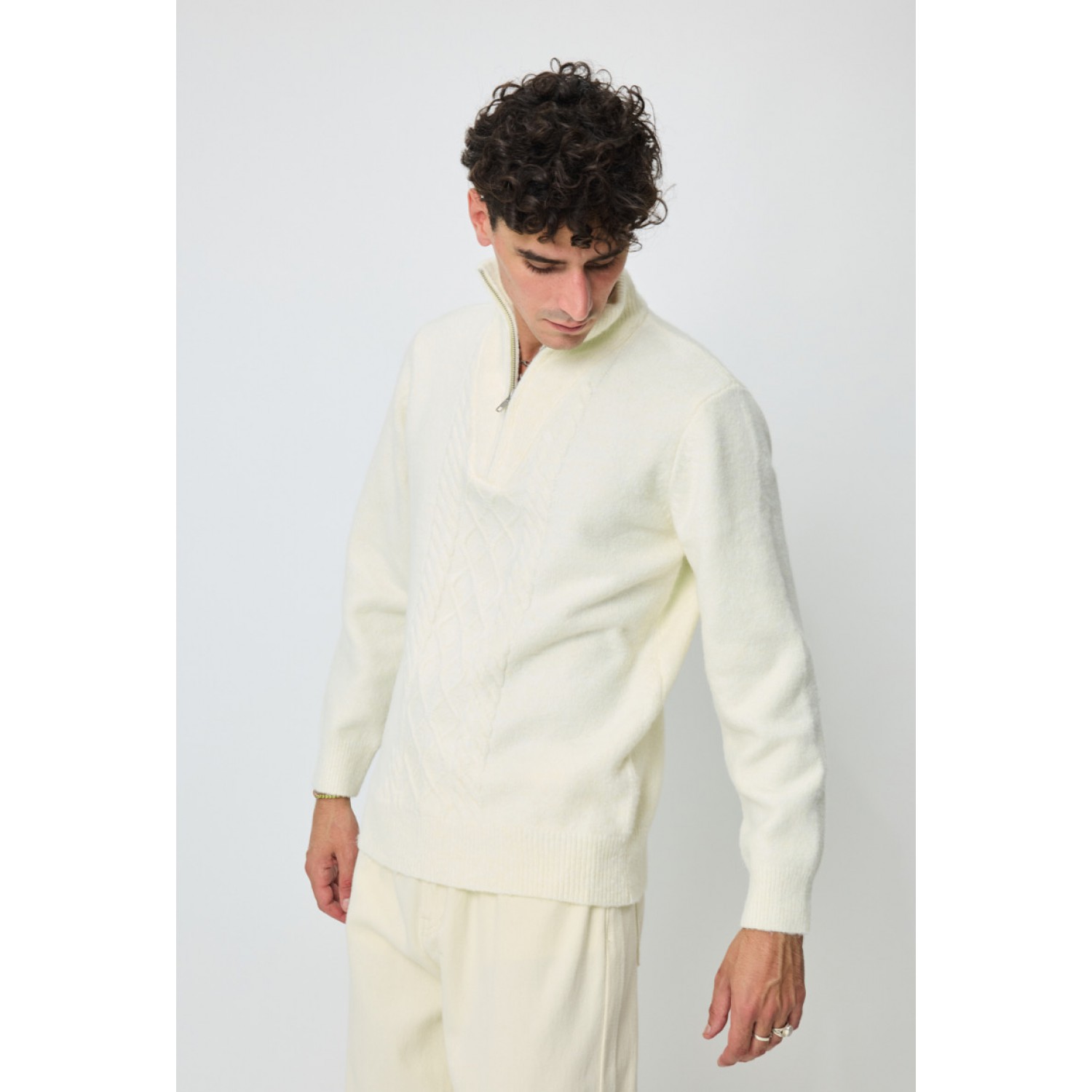 Life Style Butiken Ανδρική μακρυμανικη μπλούζα Πλεκτή με φερμουάρ στο λαιμό LS16509 Εκρού