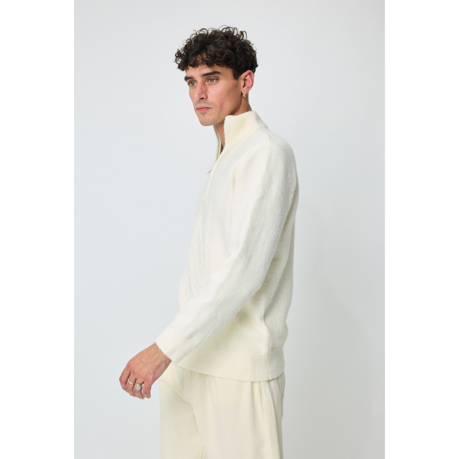 Life Style Butiken Ανδρική μακρυμανικη μπλούζα Πλεκτή με φερμουάρ στο λαιμό LS16509 Εκρού