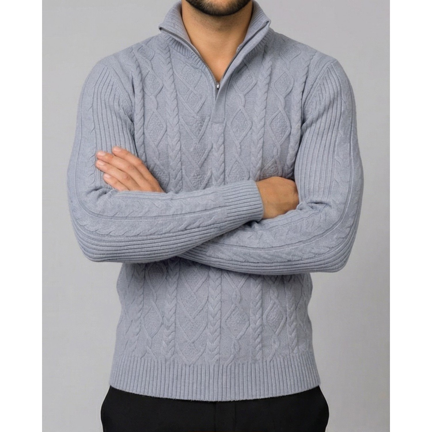 Life Style Butiken Ανδρική μακρυμανικη μπλούζα Πλεκτή με φερμουάρ και κουμπιά στο λαιμό LS199957 Γκρι