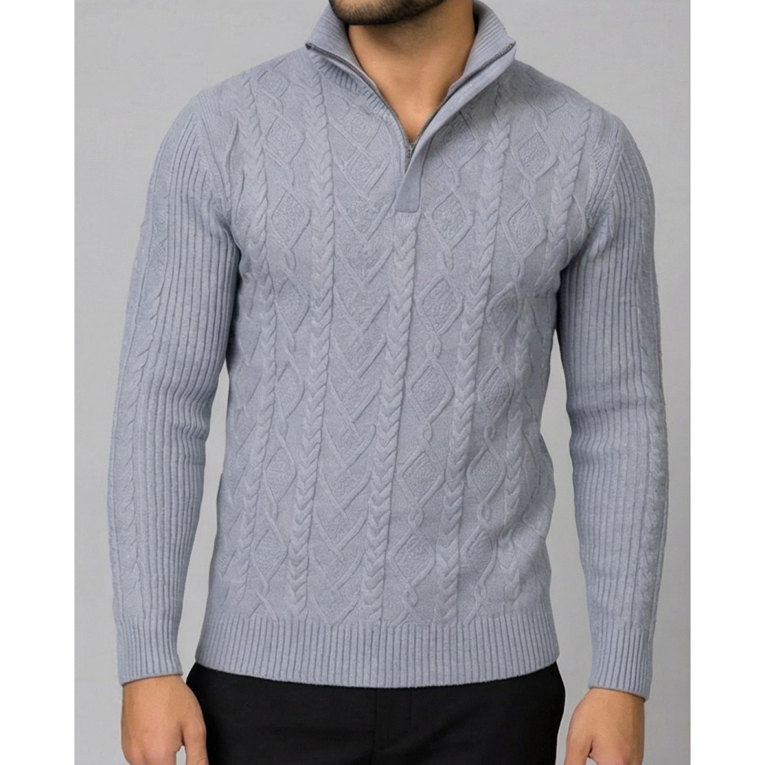 Life Style Butiken Ανδρική μακρυμανικη μπλούζα Πλεκτή με φερμουάρ και κουμπιά στο λαιμό LS199957 Γκρι