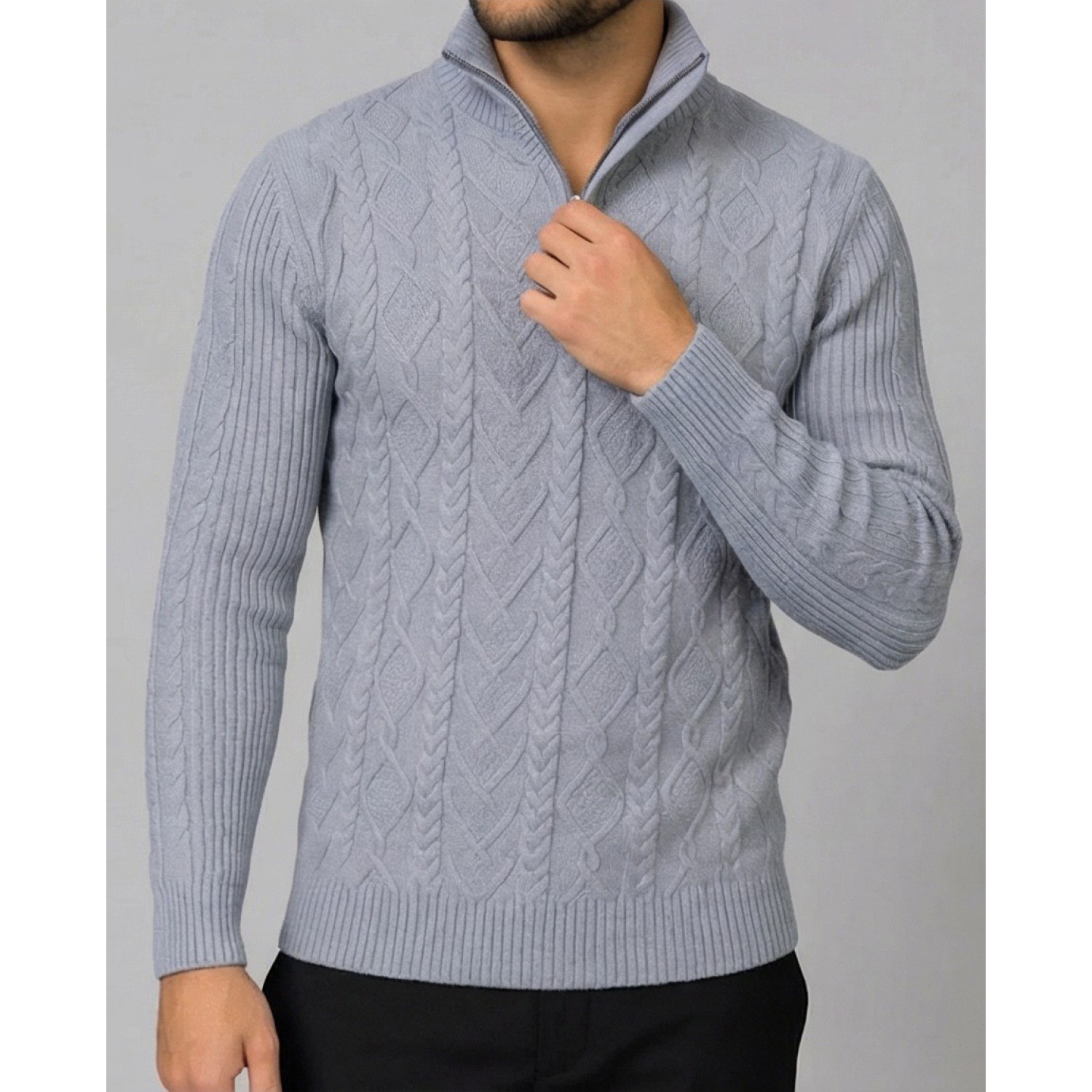 Life Style Butiken Ανδρική μακρυμανικη μπλούζα Πλεκτή με φερμουάρ και κουμπιά στο λαιμό LS199957 Γκρι