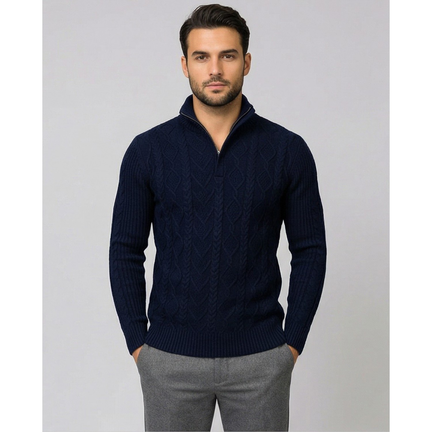 Life Style Butiken Ανδρική μακρυμανικη μπλούζα Πλεκτή με φερμουάρ και κουμπιά στο λαιμό LS199957 Navy