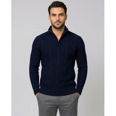 Life Style Butiken Ανδρική μακρυμανικη μπλούζα Πλεκτή με φερμουάρ και κουμπιά στο λαιμό LS199957 Navy