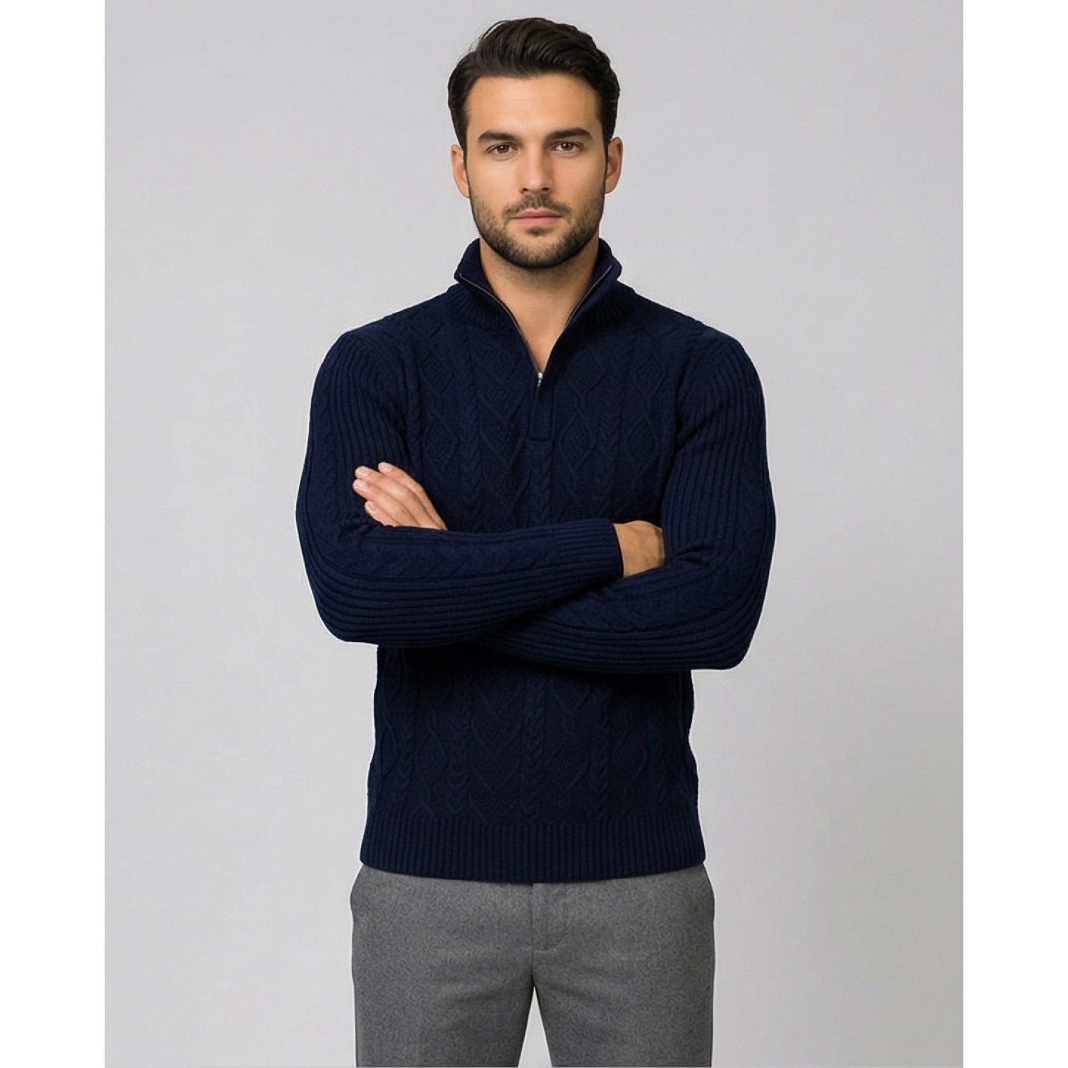 Life Style Butiken Ανδρική μακρυμανικη μπλούζα Πλεκτή με φερμουάρ και κουμπιά στο λαιμό LS199957 Navy