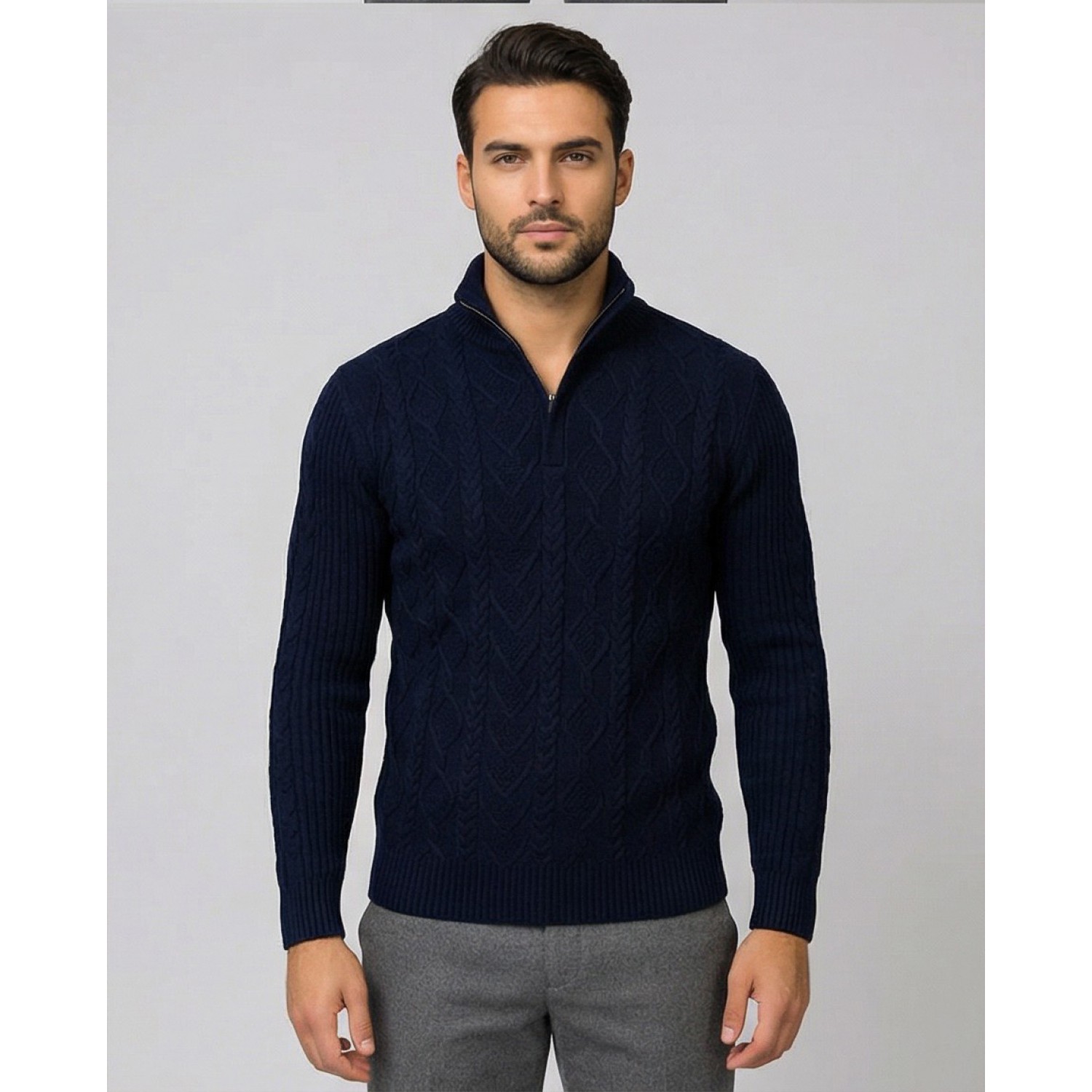Life Style Butiken Ανδρική μακρυμανικη μπλούζα Πλεκτή με φερμουάρ και κουμπιά στο λαιμό LS199957 Navy