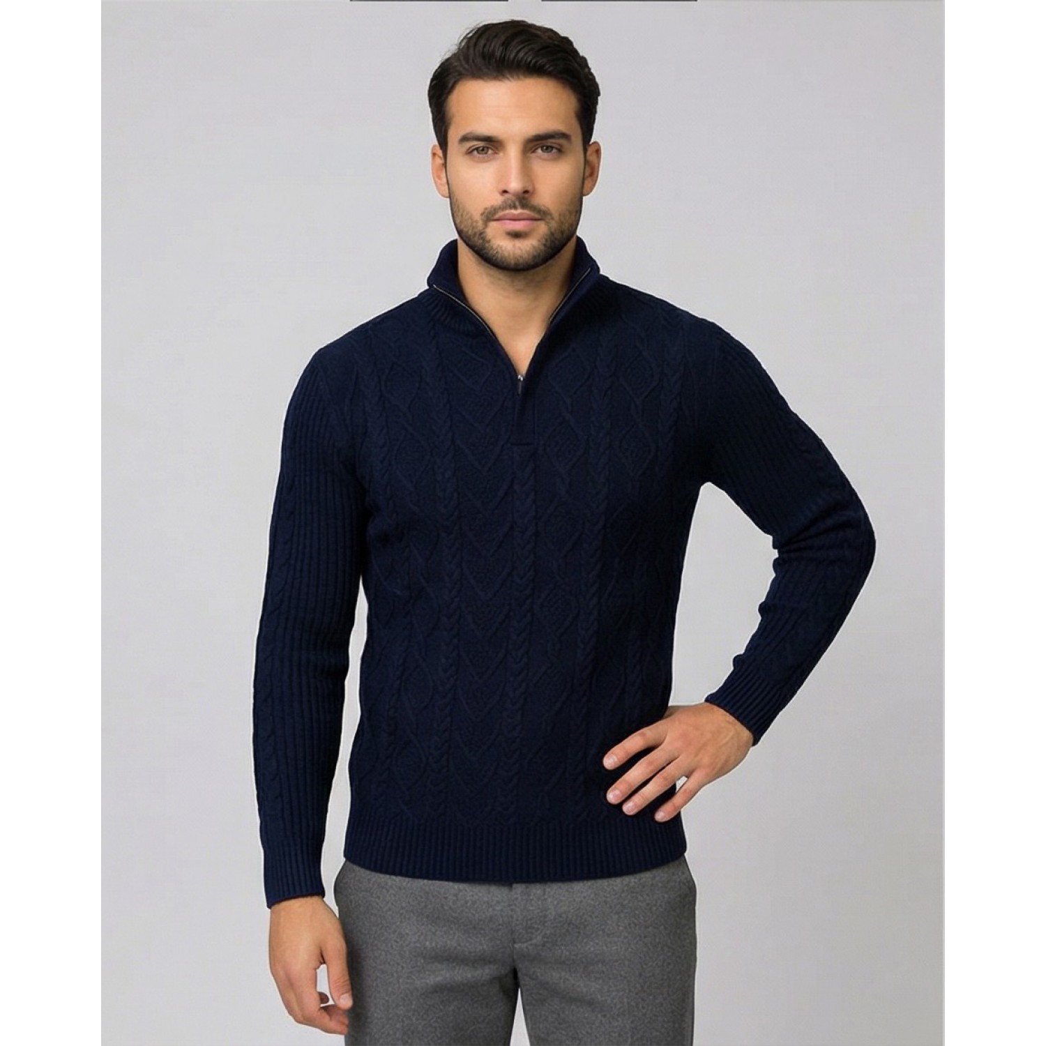 Life Style Butiken Ανδρική μακρυμανικη μπλούζα Πλεκτή με φερμουάρ και κουμπιά στο λαιμό LS199957 Navy