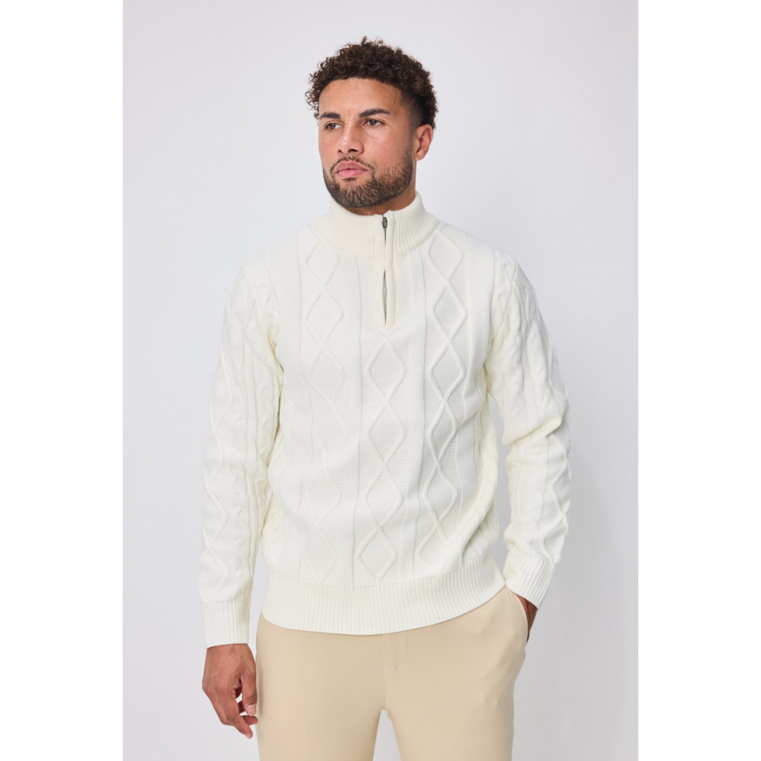 Life Style Butiken Ανδρική μακρυμανικη μπλούζα Πλεκτή με φερμουάρ στο λαιμό LS16856 Λευκό