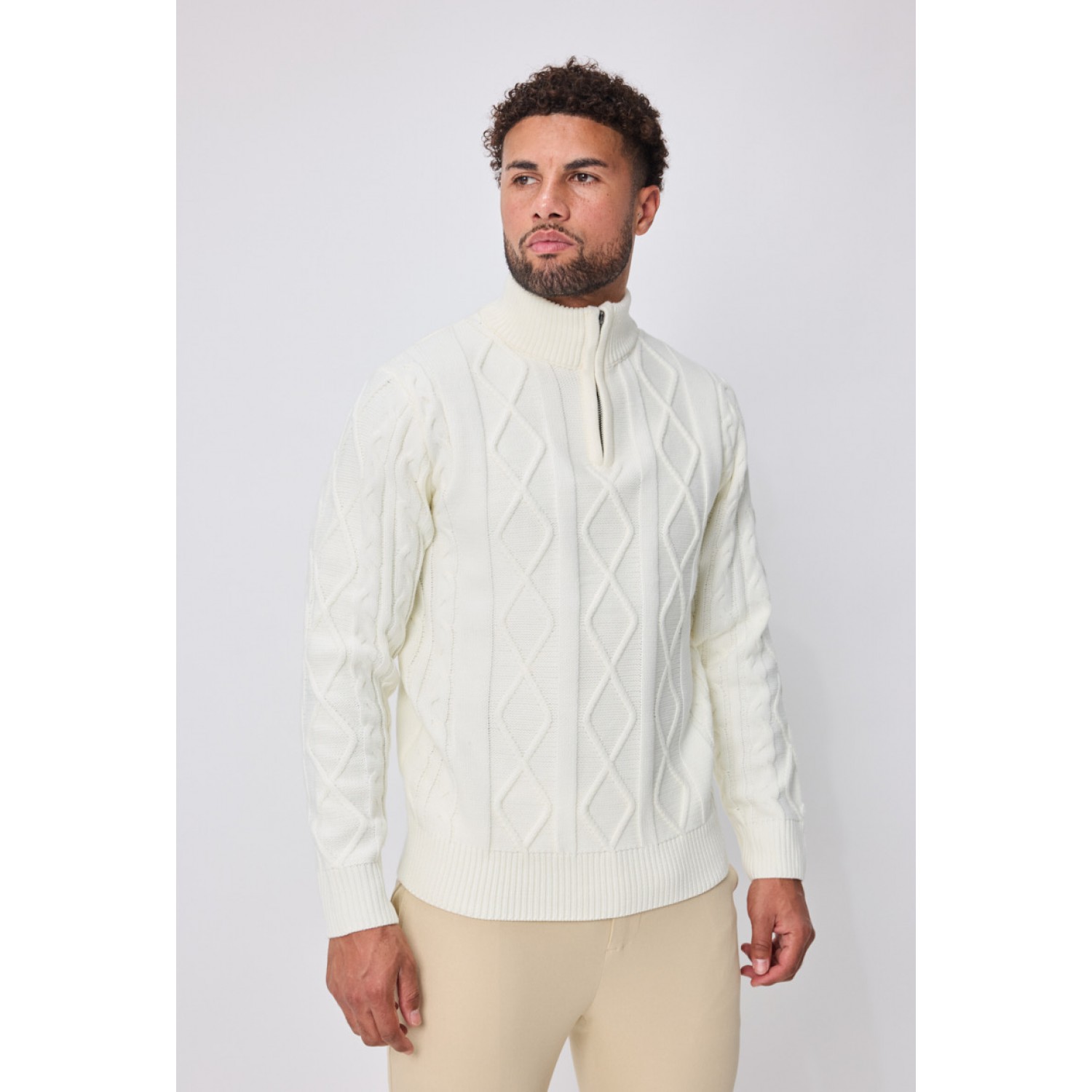 Life Style Butiken Ανδρική μακρυμανικη μπλούζα Πλεκτή με φερμουάρ στο λαιμό LS16856 Λευκό