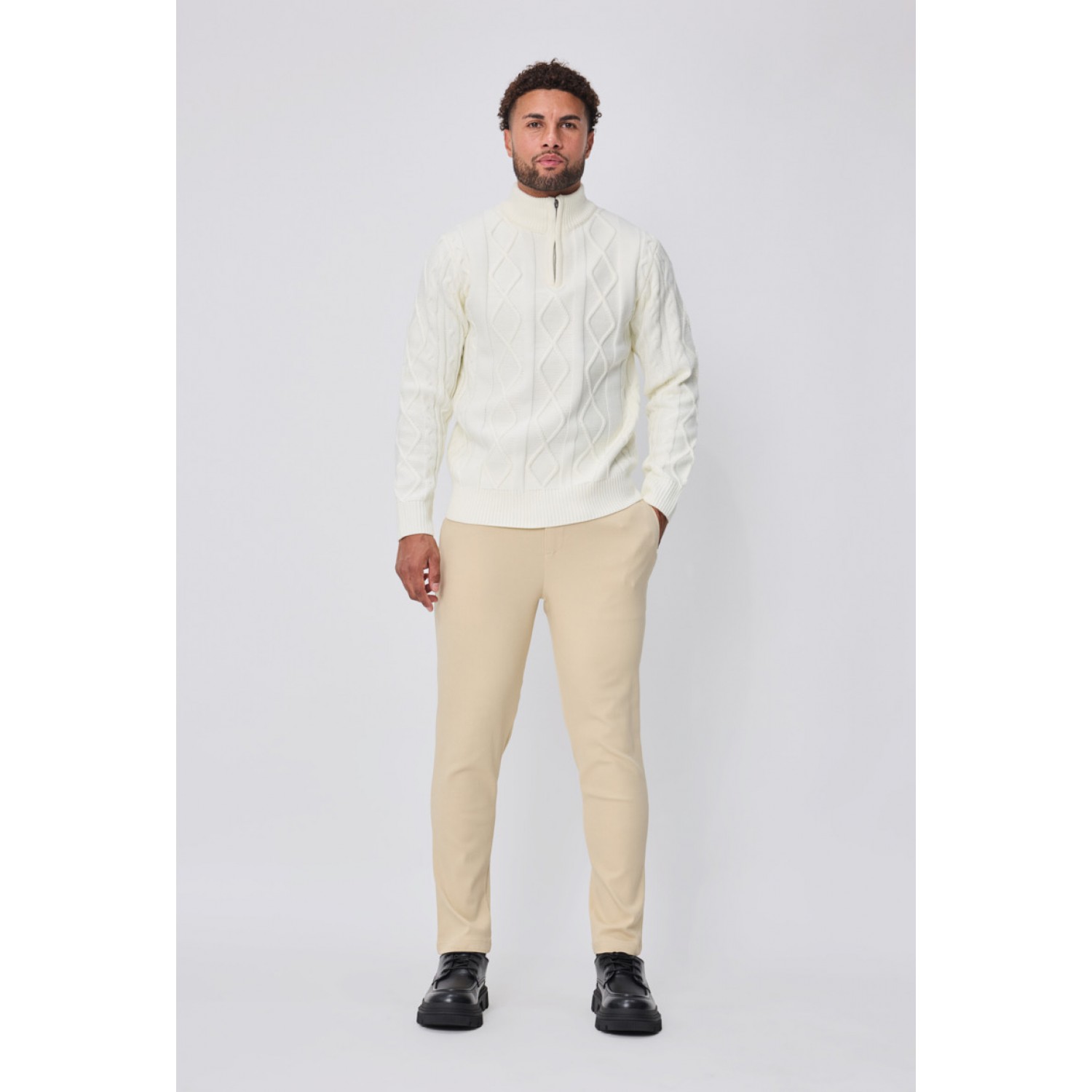 Life Style Butiken Ανδρική μακρυμανικη μπλούζα Πλεκτή με φερμουάρ στο λαιμό LS16856 Λευκό