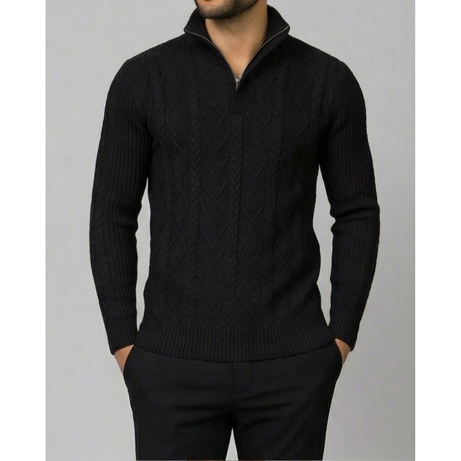 Life Style Butiken Ανδρική μακρυμανικη μπλούζα Πλεκτή με φερμουάρ και κουμπιά στο λαιμό LS199957 Black