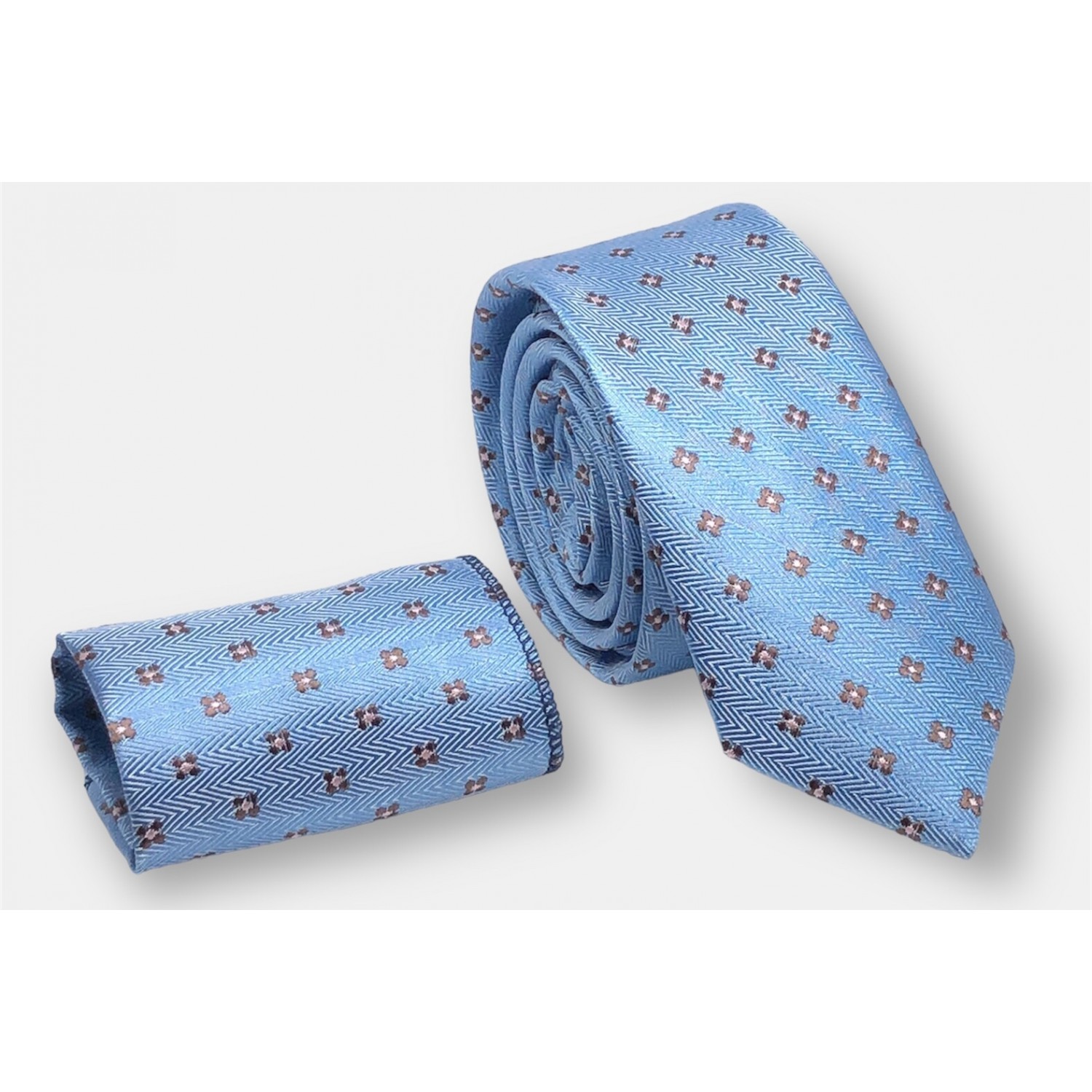 Γραβάτα στενή τύπου oxford με μαντηλάκι CND 183 Σιέλ