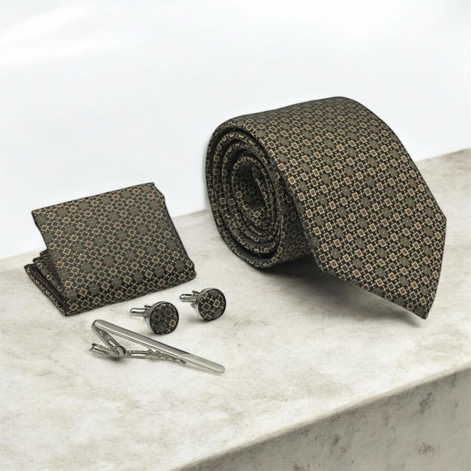 Life Style Butiken Σετ Γραβάτα με μαντήλι κλιπ γραβάτας και μανικετόκουμπα LS1006 ΚΑΦΕ
