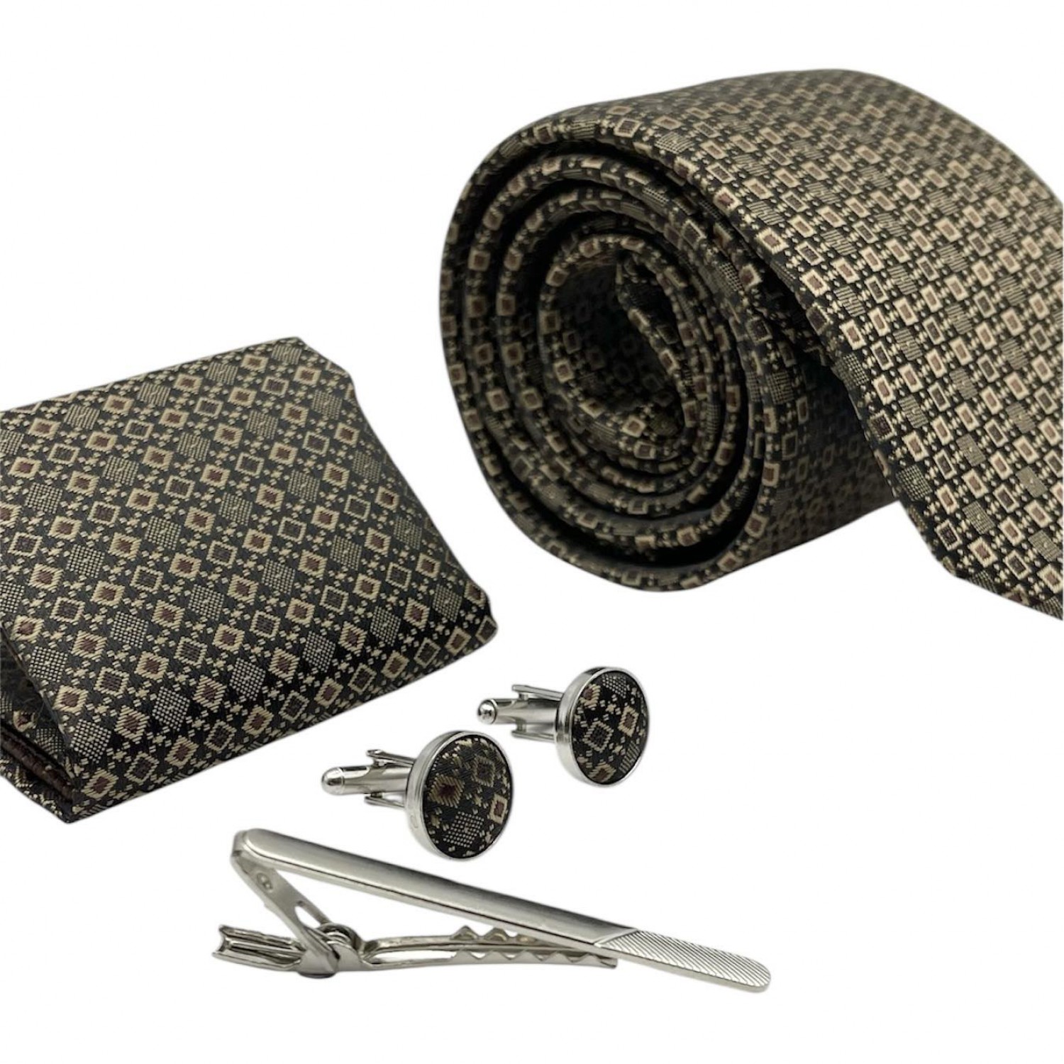 Life Style Butiken Σετ Γραβάτα με μαντήλι κλιπ γραβάτας και μανικετόκουμπα LS1006 ΚΑΦΕ