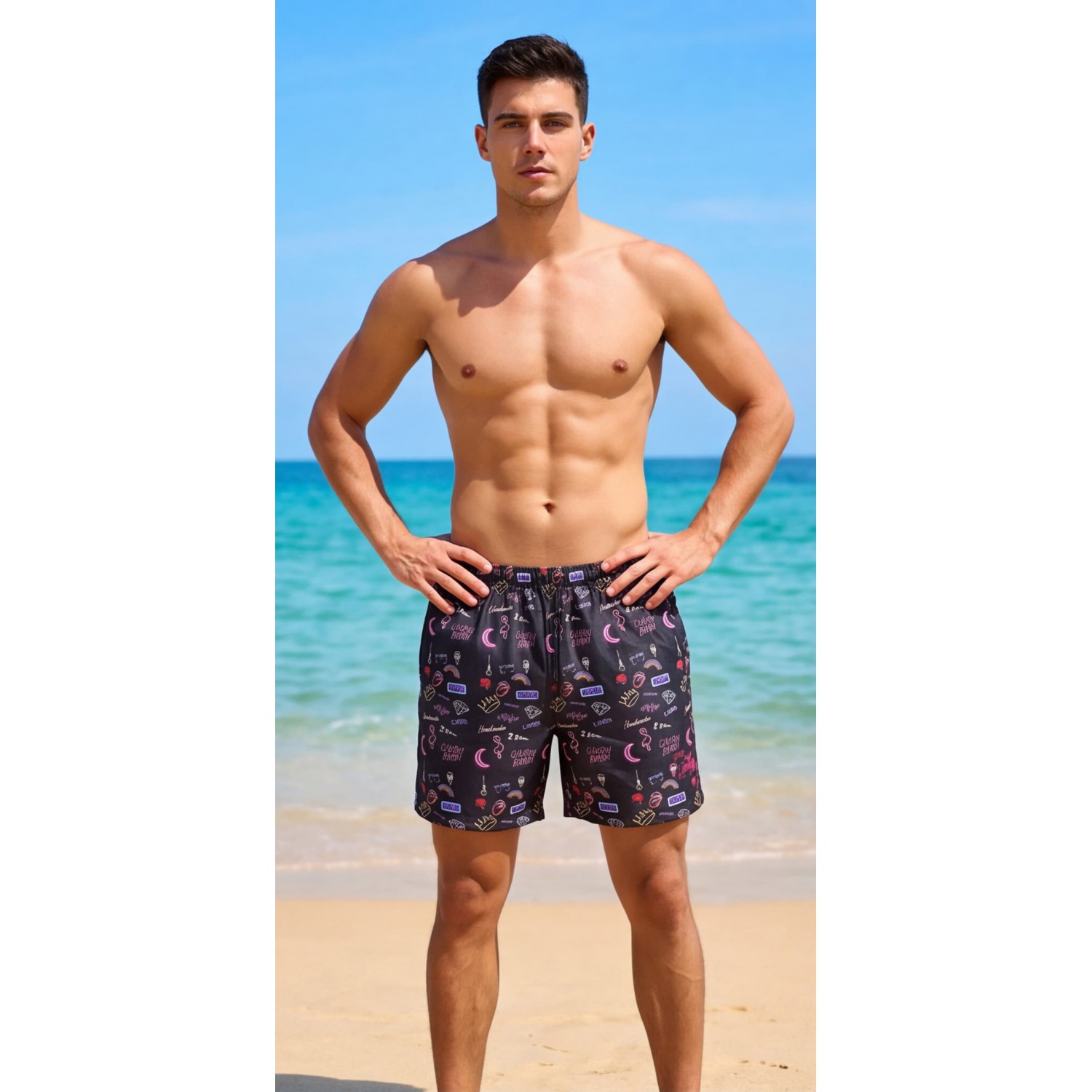 Life Style Butiken Ανδρικό Εμπριμέ Μαγιό μήκους 40 cm LS190231 BLACK Ανδρικά