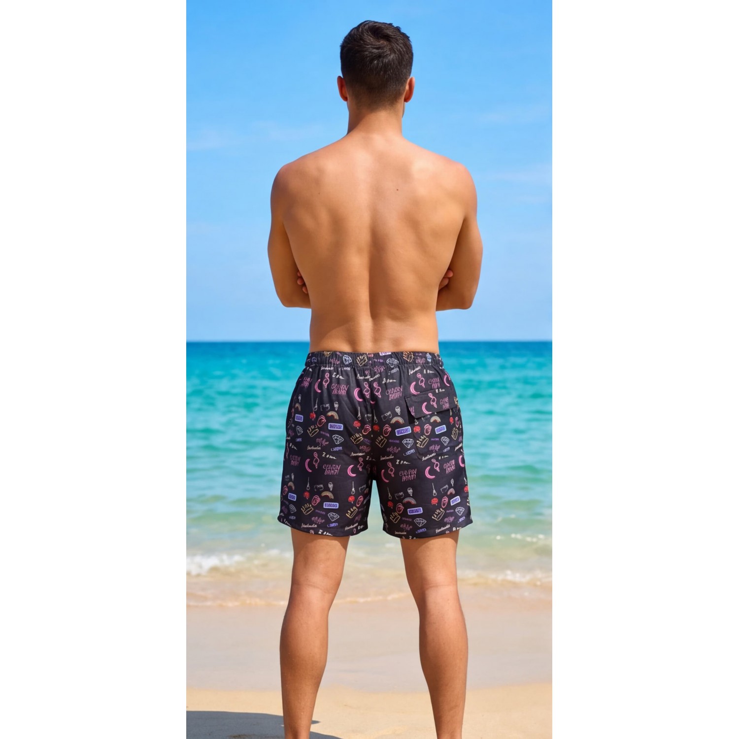 Life Style Butiken Ανδρικό Εμπριμέ Μαγιό μήκους 40 cm LS190231 BLACK Ανδρικά