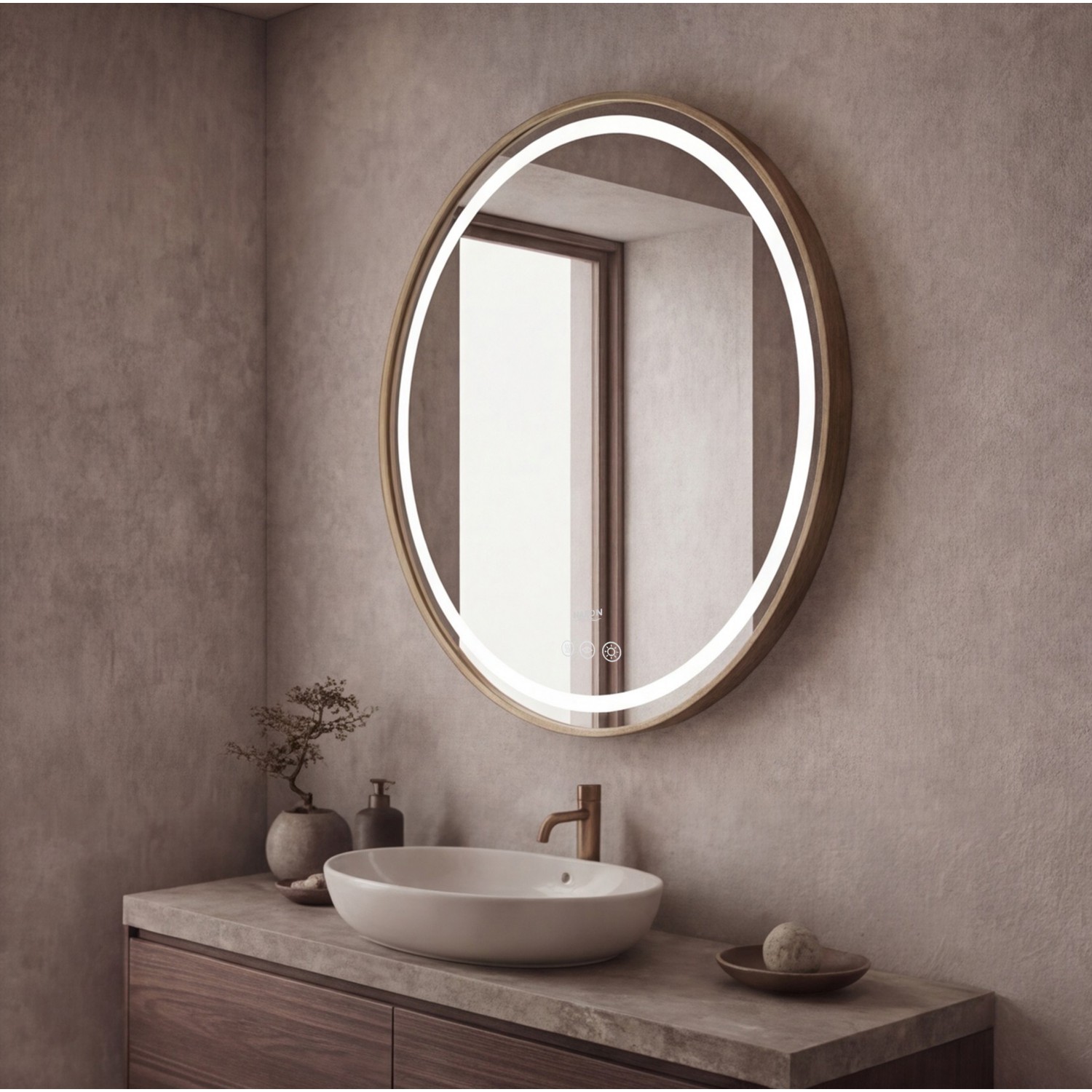 Naron Στρογγυλός Καθρέπτης Μπάνιου Led Αφής Με Brushed Gold Πλαίσιο Αλουμινίου 4εκ. Αντιθαμβωτική Λειτουργία  NR4648 BRUSHED GOLD